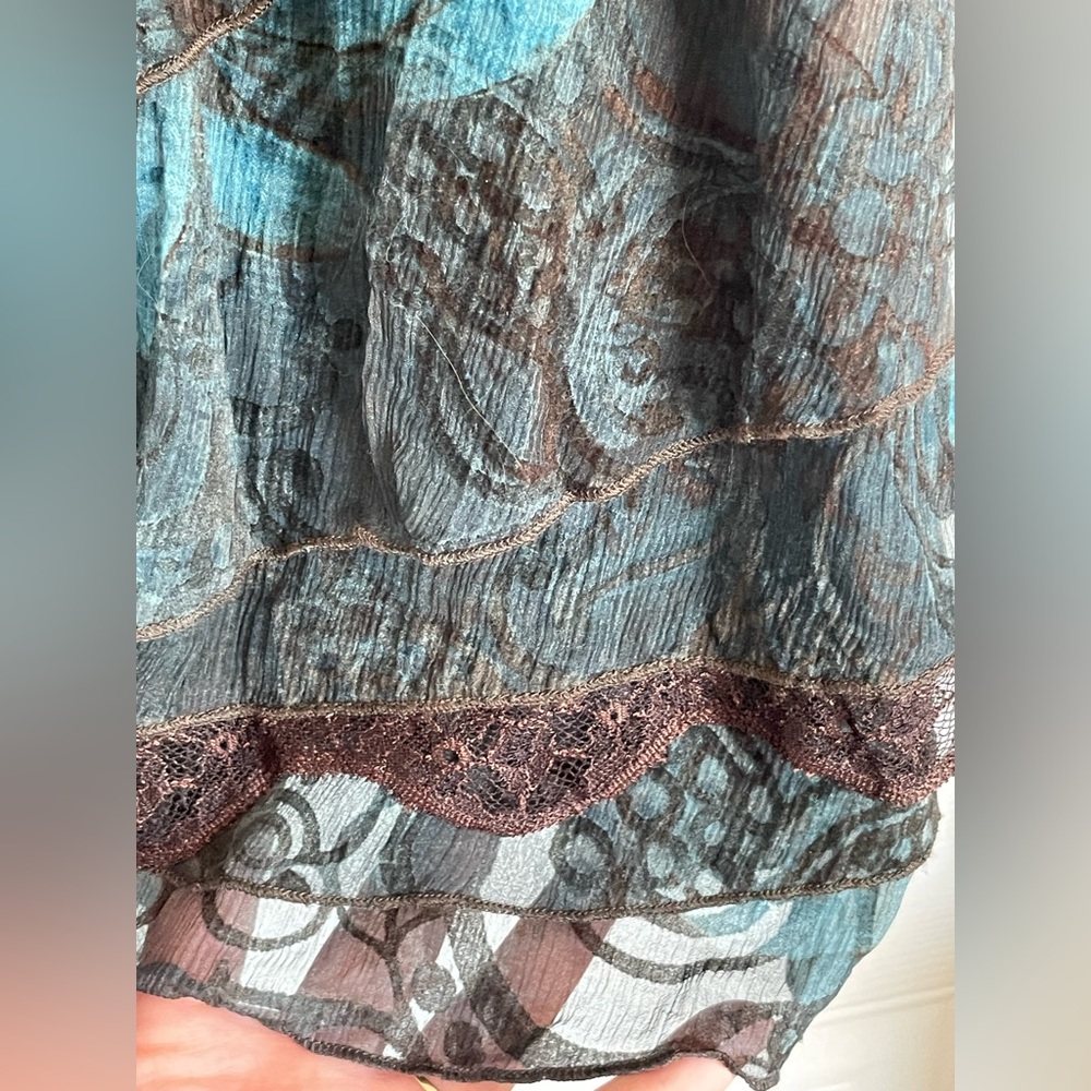 Floral Chiffon Ruffle Skirt Brown Teal S8 - Picture 7 of 15